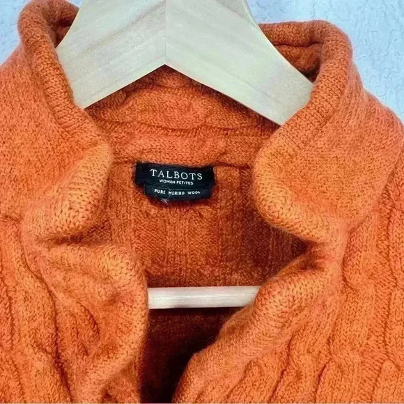 Talbots Cardigan Orange Merino Wool Cable Pattern Sweater Petite Medium - Picture 10 of 15